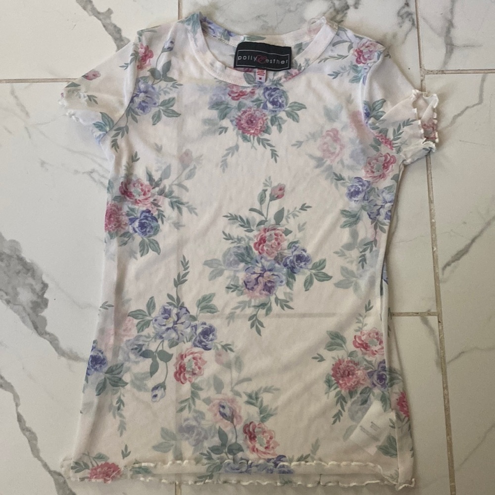 Polly Esther Floral Short sleeved Crop See Through
Blouse Dolman Sleeve